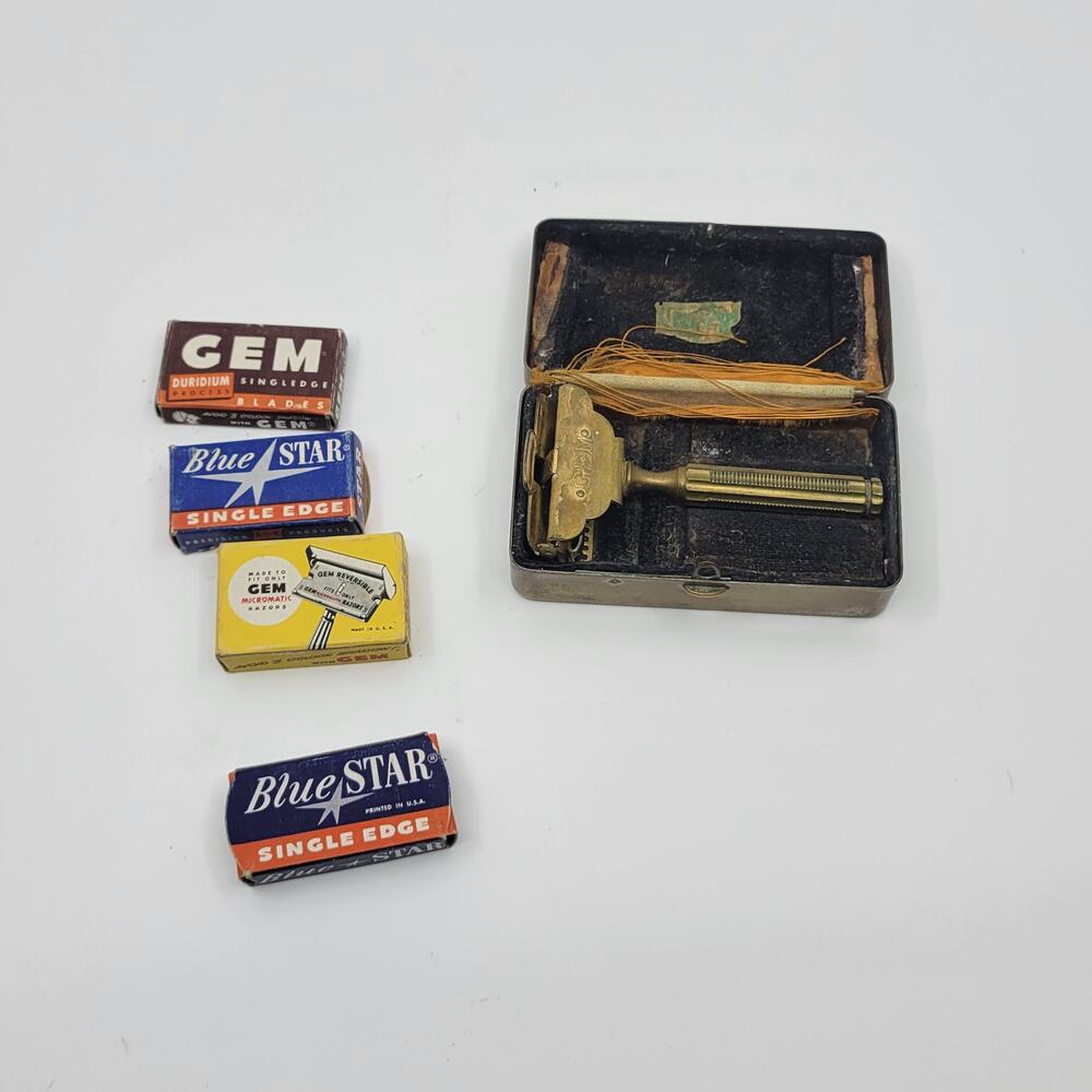 Vintage GEM Junior Single Edge Razor with original brass case and accessories